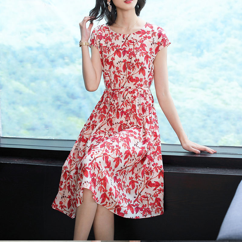 Loose Plus Size Round Neck Short Sleeve Floral Skirt Mother Dress