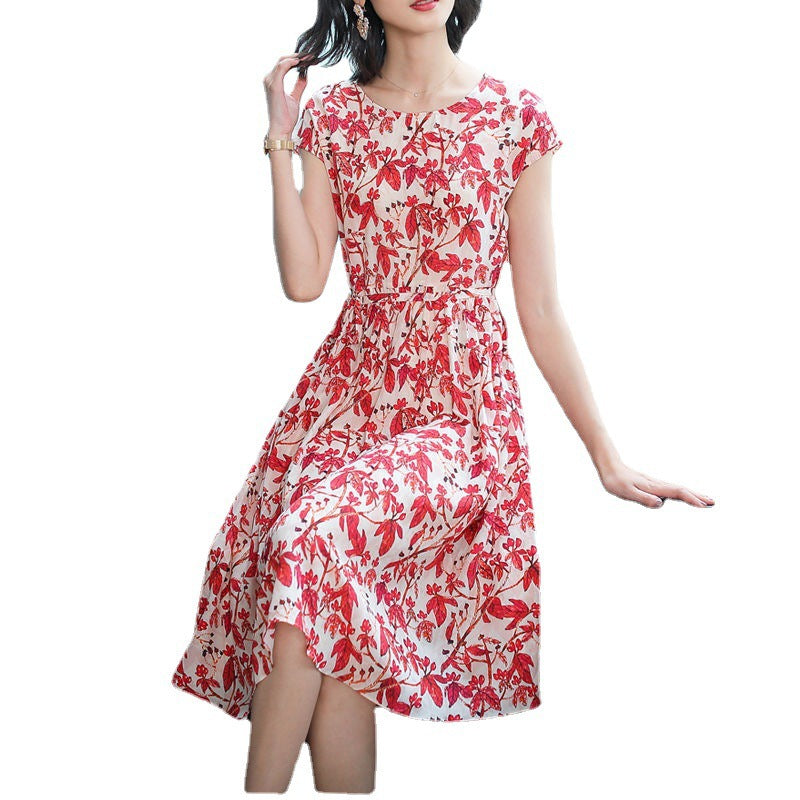 Loose Plus Size Round Neck Short Sleeve Floral Skirt Mother Dress