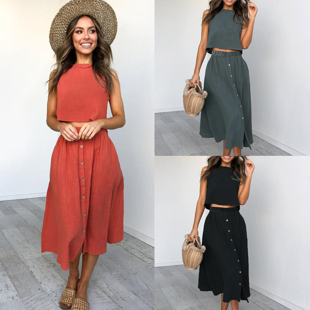 New Fashion Round Neck Sleeveless Pure Color Thin Two-piece Skirt Set For Women