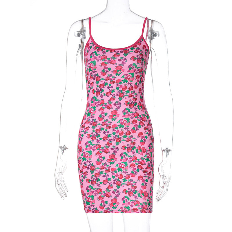 European And American Style Women's New Spring Fashion Street Style Sexy Print U-neck Suspender Dress