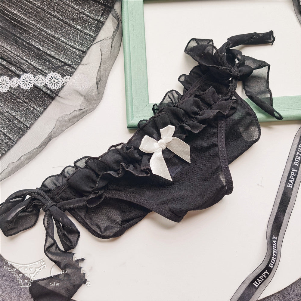Cute Mesh Lace-up Side-opening Low-waist Lace Bow Women Panties