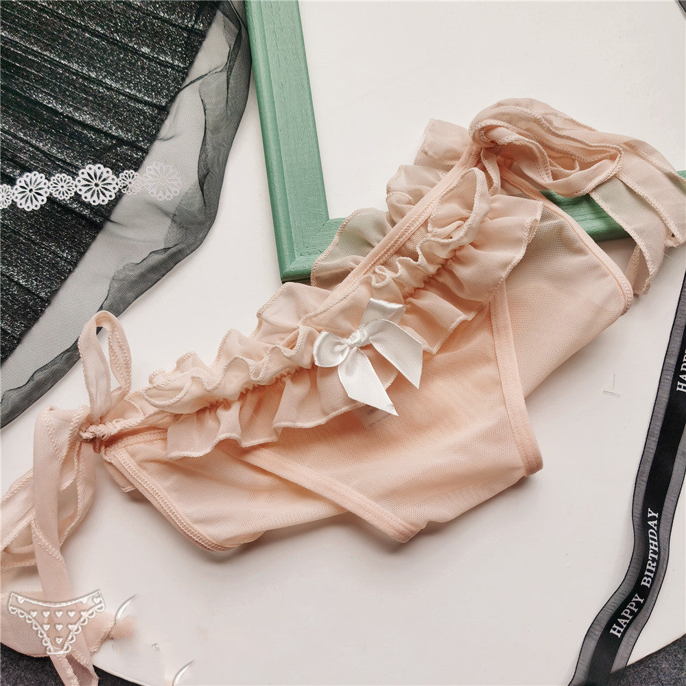 Cute Mesh Lace-up Side-opening Low-waist Lace Bow Women Panties