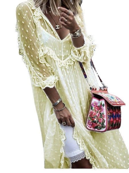 Hedging Temperament Commuter Lace Solid Color Polka Dot Jacquard Blouse Long Skirt