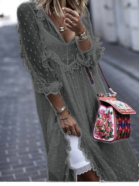 Hedging Temperament Commuter Lace Solid Color Polka Dot Jacquard Blouse Long Skirt
