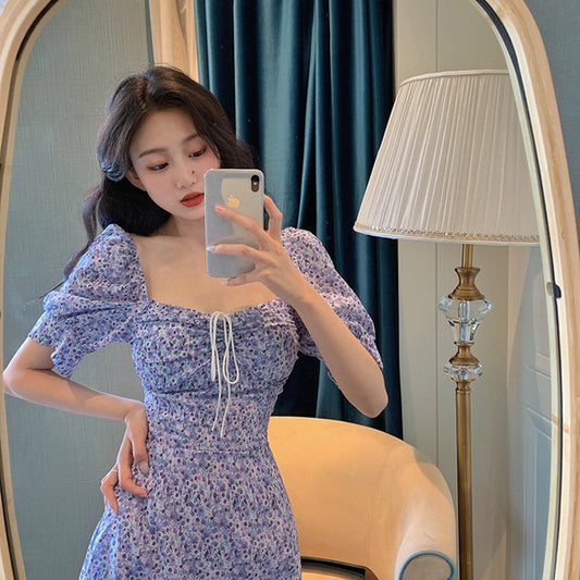 Retro Puff Sleeve Square Neck Clavicle Dress Girly Floral Holiday Dress