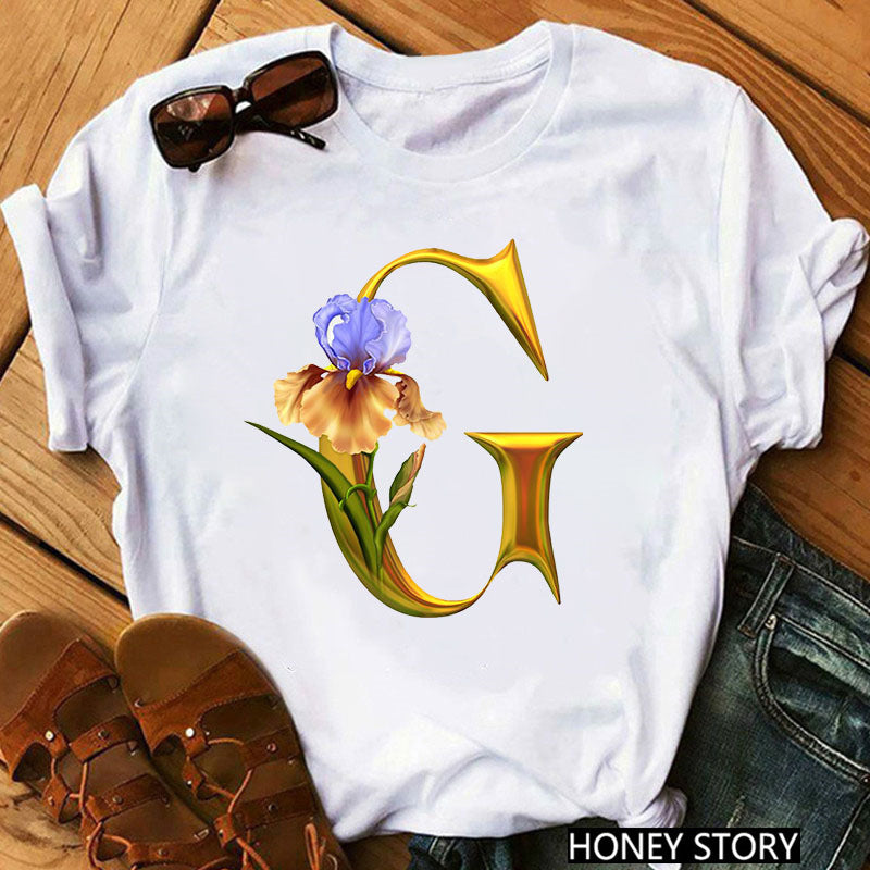 New 26 Gold Letter Flowers T-shirt