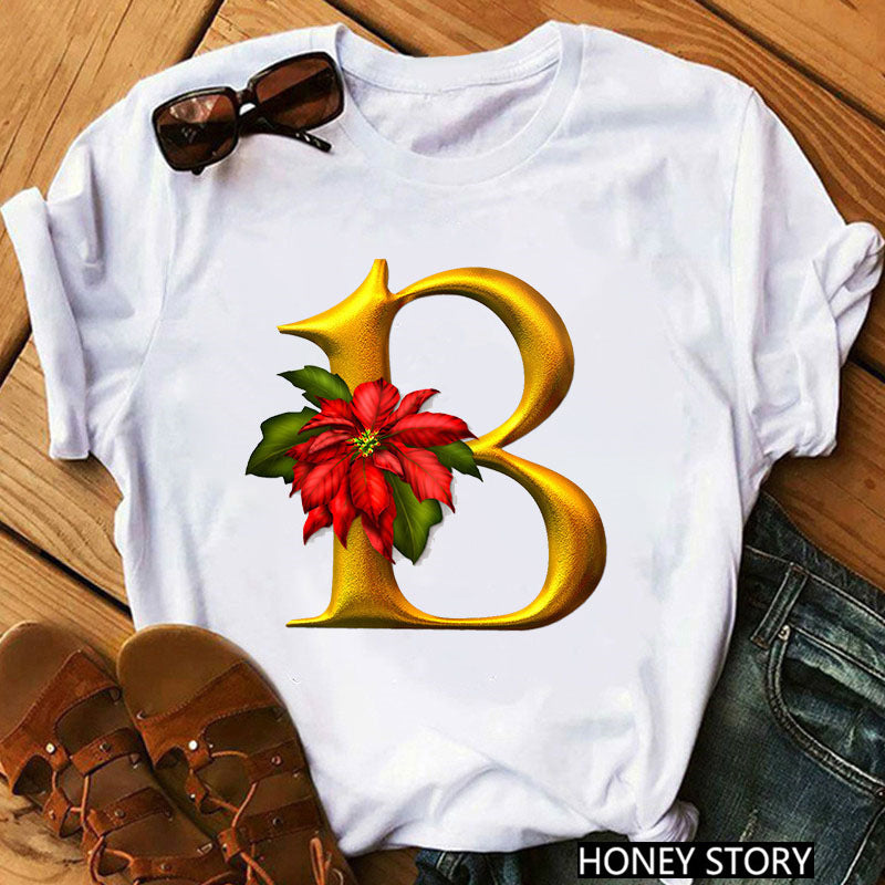 New 26 Gold Letter Flowers T-shirt