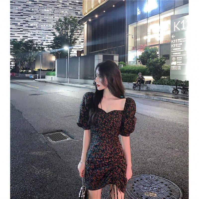 Hong Kong Style Retro Puff Sleeve Square Neck Floral Dress Female Summer