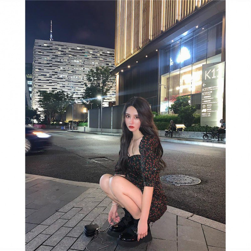 Hong Kong Style Retro Puff Sleeve Square Neck Floral Dress Female Summer