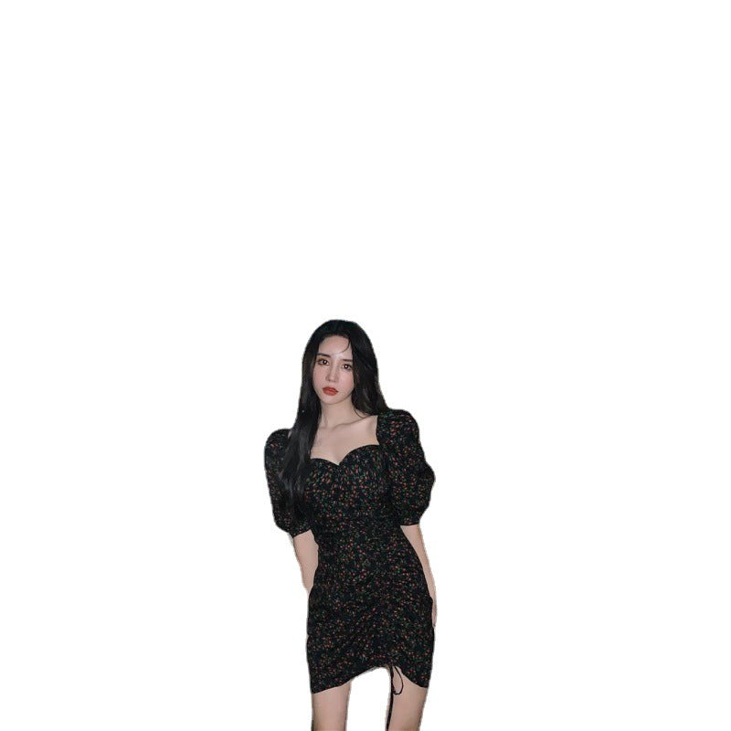 Hong Kong Style Retro Puff Sleeve Square Neck Floral Dress Female Summer