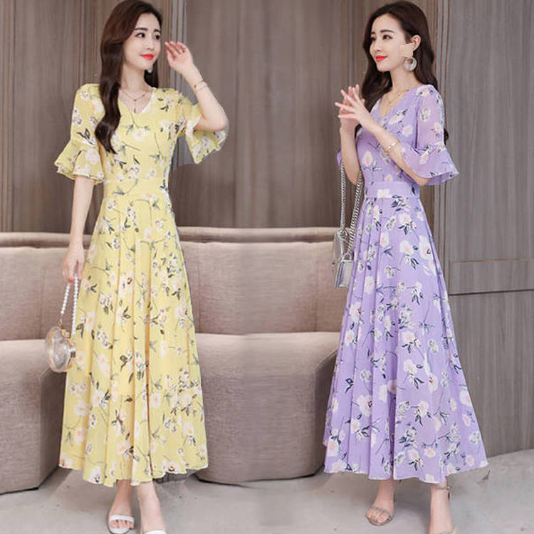 new large size short-sleeved holiday dress female summer loose slim green flower fashion temperament long skirt