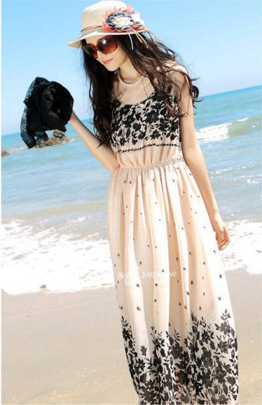 Sling sweet floral chiffon dress