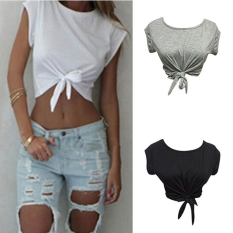 European And American Simple Short-sleeved Bow Lace-up Navel T-shirt Short Top