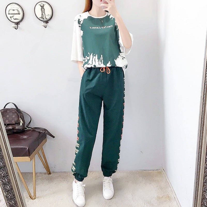 Sports And Leisure Women's Loose Trousers Summer Short-sleeved Student Two-piece Suit