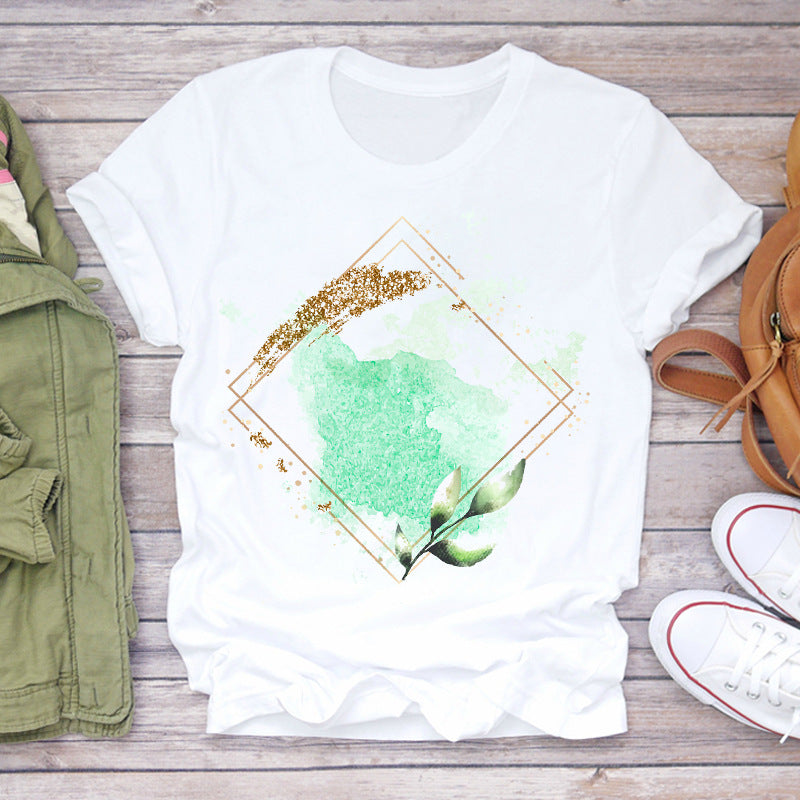 Watercolor Love Fashion Print Short-sleeved T-shirt Women's Trend