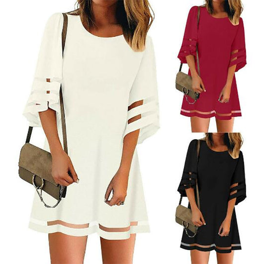 Gauze stitching loose flare sleeve A-line skirt