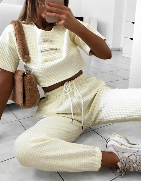 New Women's Solid Color Round Neck Stitching Short Suit