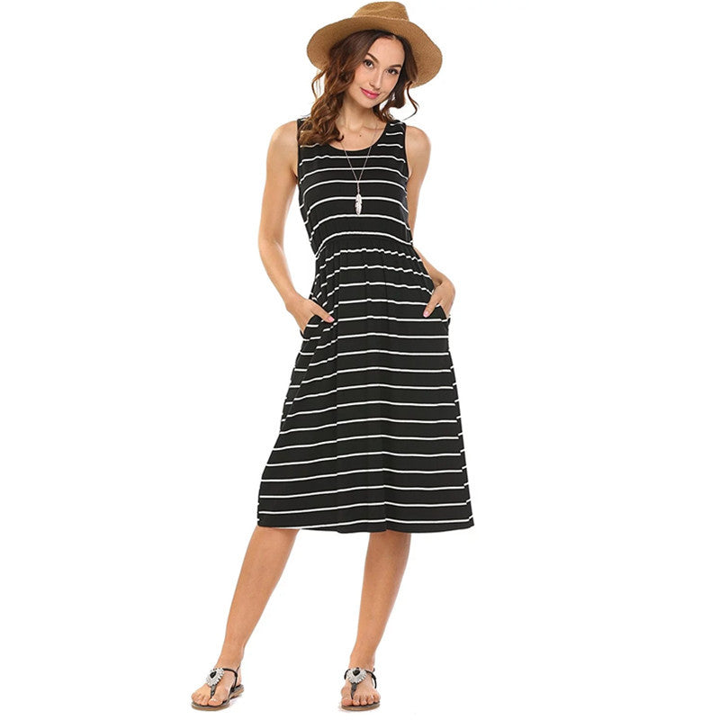 Striped Sleeveless Pocket Vest Sexy Dress