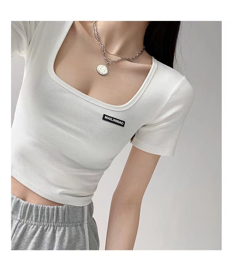 Square Neck Collarbone Tight Base Summer Hot Girl Short-sleeved Slim Top