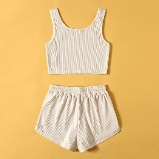 Solid Color Camisole Vest Slim Fit Mid Waist Shorts Casual Fashion Suit