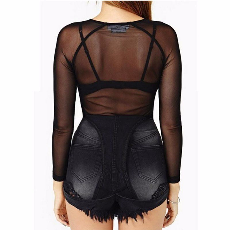 Black transparent mesh bottoming shirt