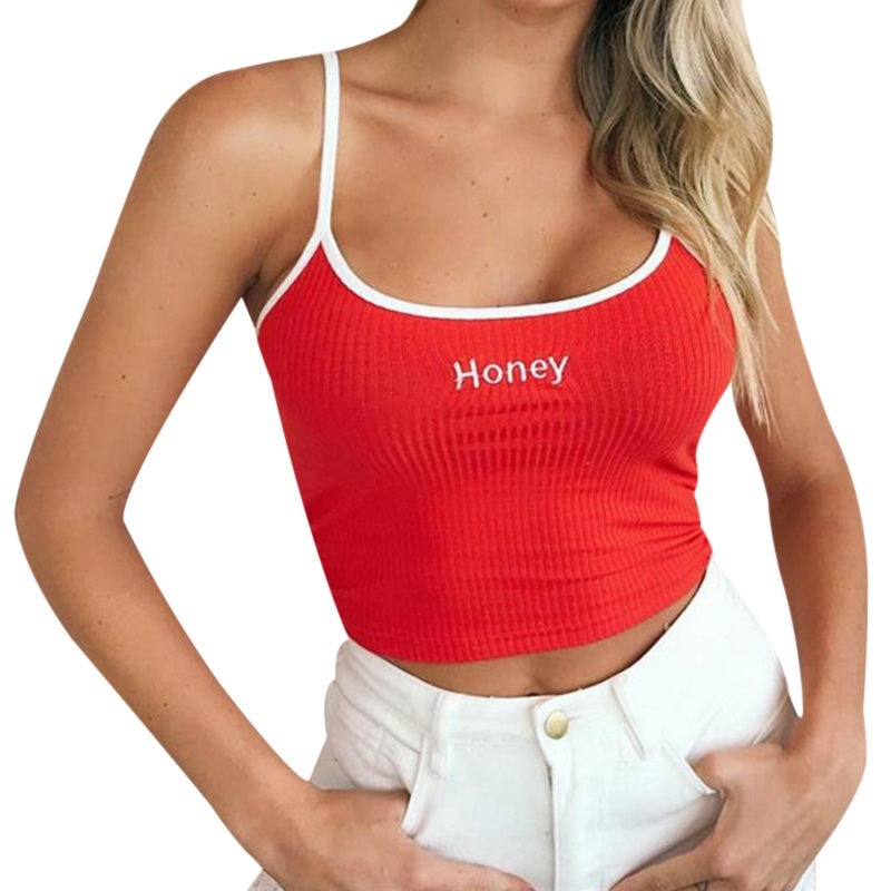 Letter embroidered close-fitting navel vest