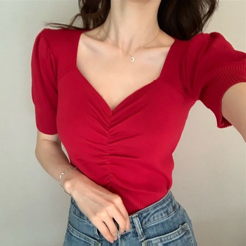 Puff sleeve base slim V-neck short-sleeved sweater