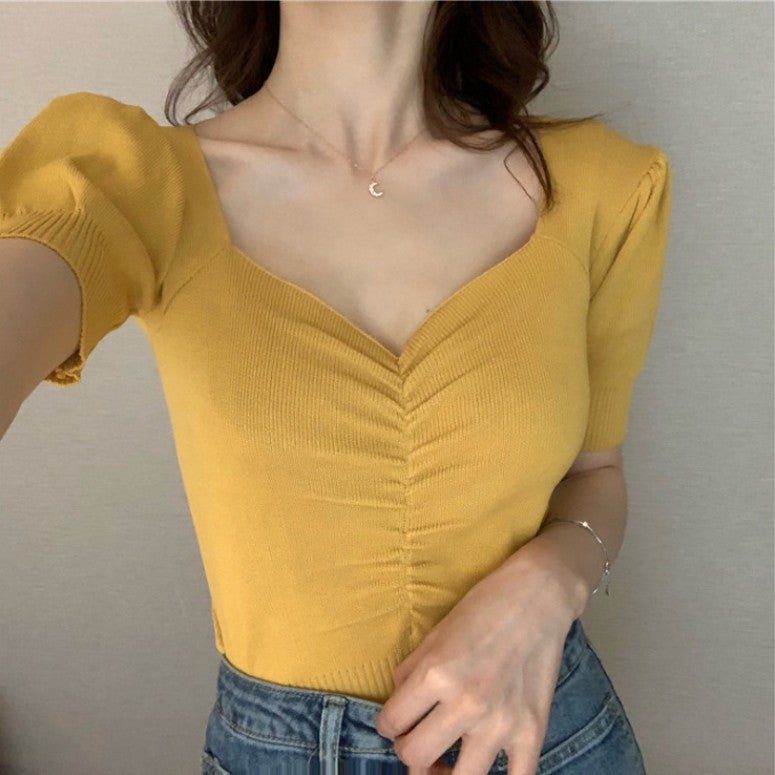 Puff sleeve base slim V-neck short-sleeved sweater