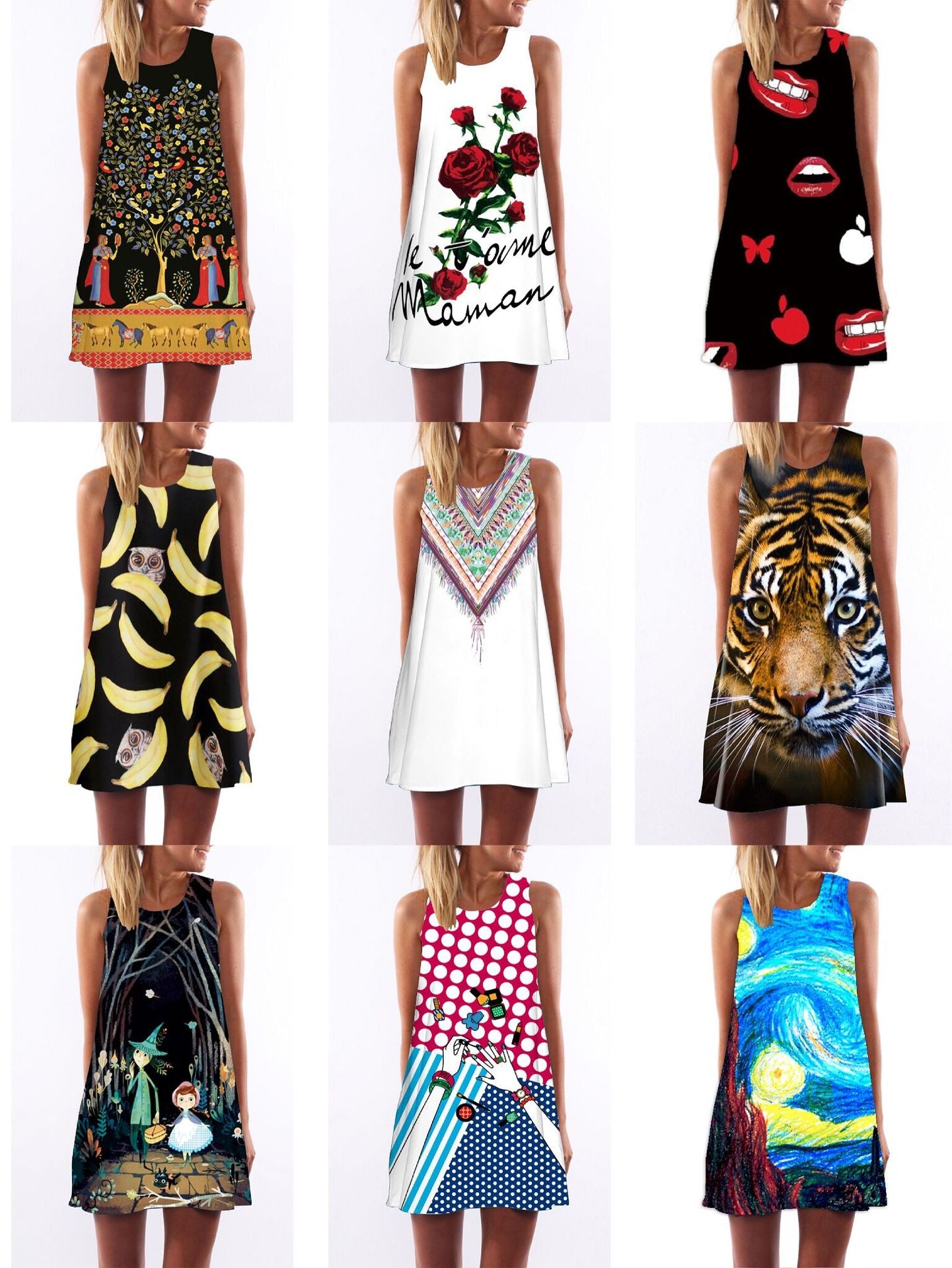 Retro digital print round neck dress