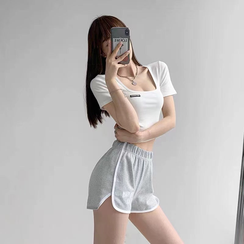 Square Neck Collarbone Tight Base Summer Hot Girl Short-sleeved Slim Top
