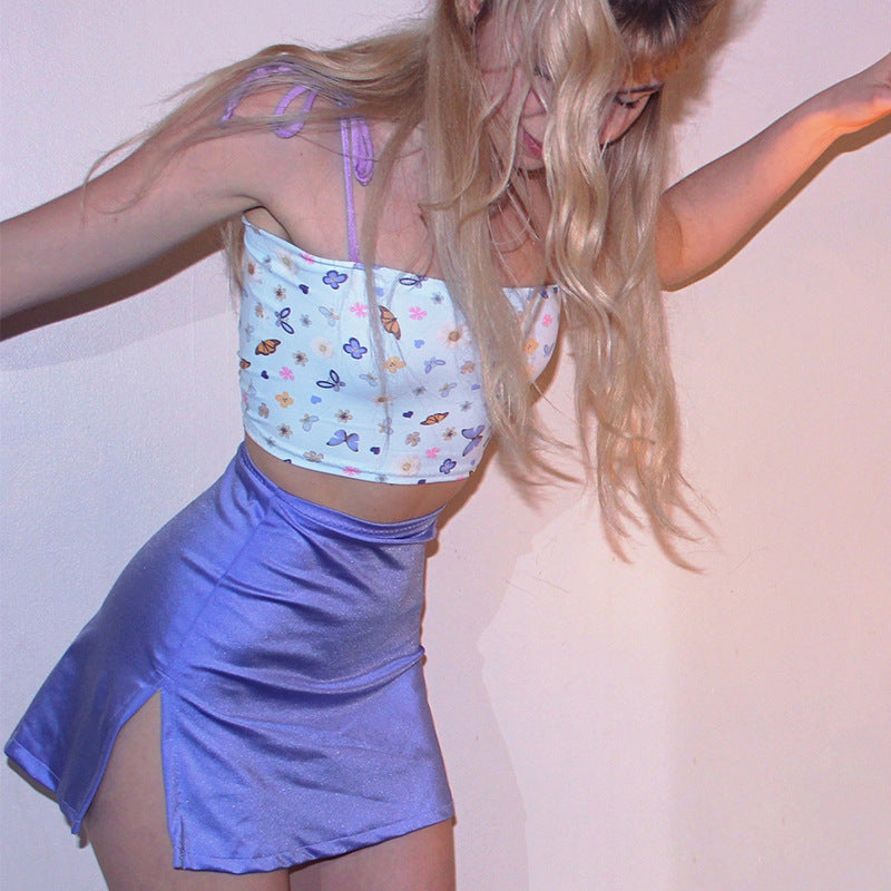 Butterfly Print Lace Vest Hip Skirt Set