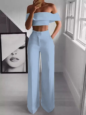 Omulka Flounces 2-Piece Women's Cropped Top And Wide-leg Pantsuit Fall  Office Women's Shiny Green Set