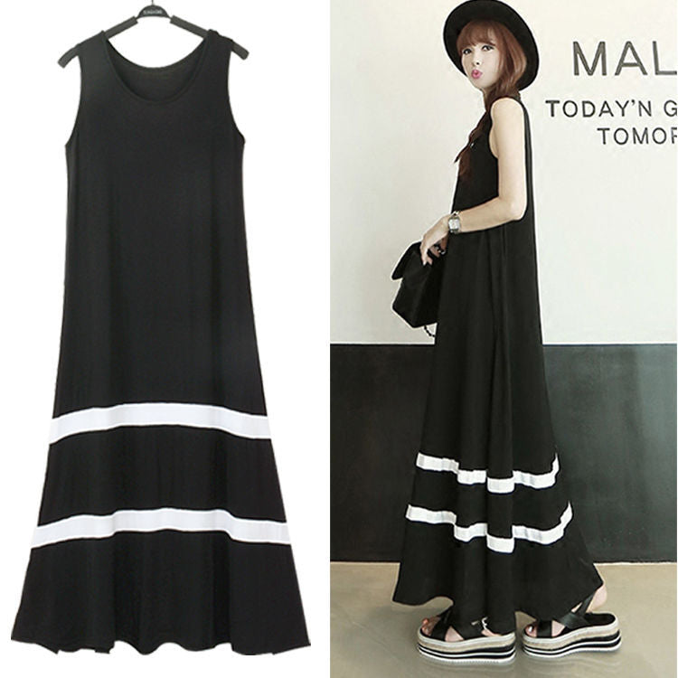 Loose Black And White Striped Sleeveless A-line Skirt With Big Swing Dress Temperament