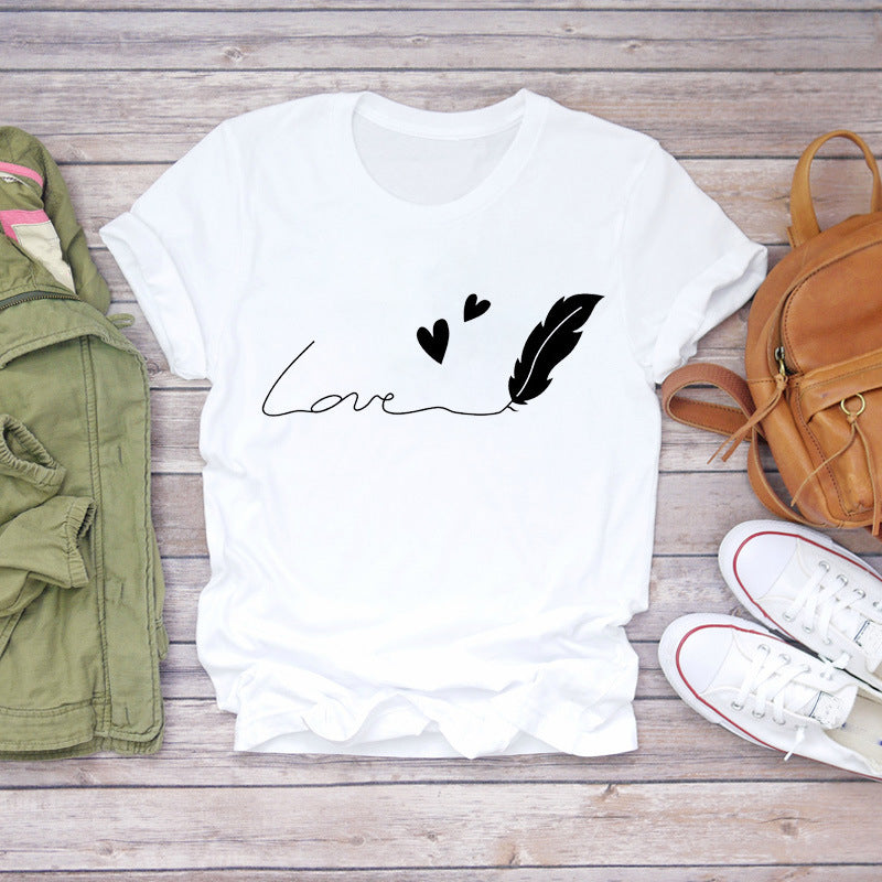 Watercolor Love Fashion Print Short-sleeved T-shirt Women's Trend
