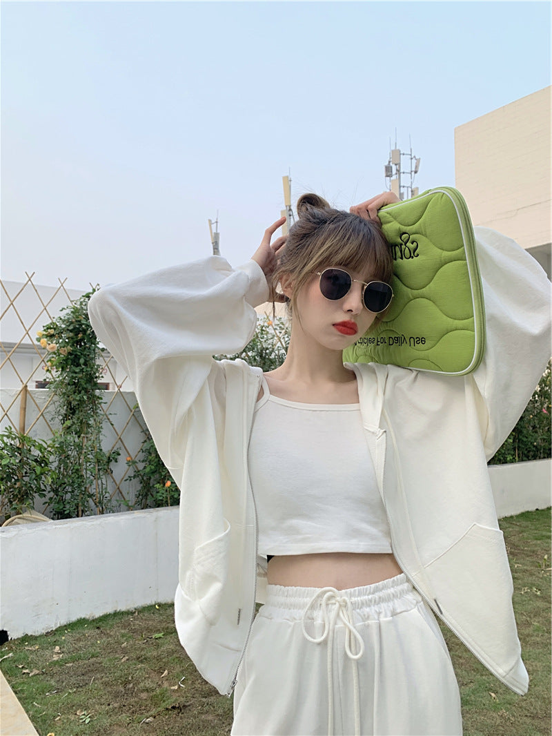 Sweater jacket + camisole + slacks