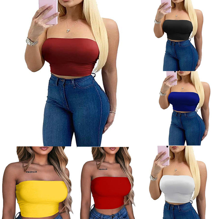 Women's solid color sexy slim tube top T-shirt