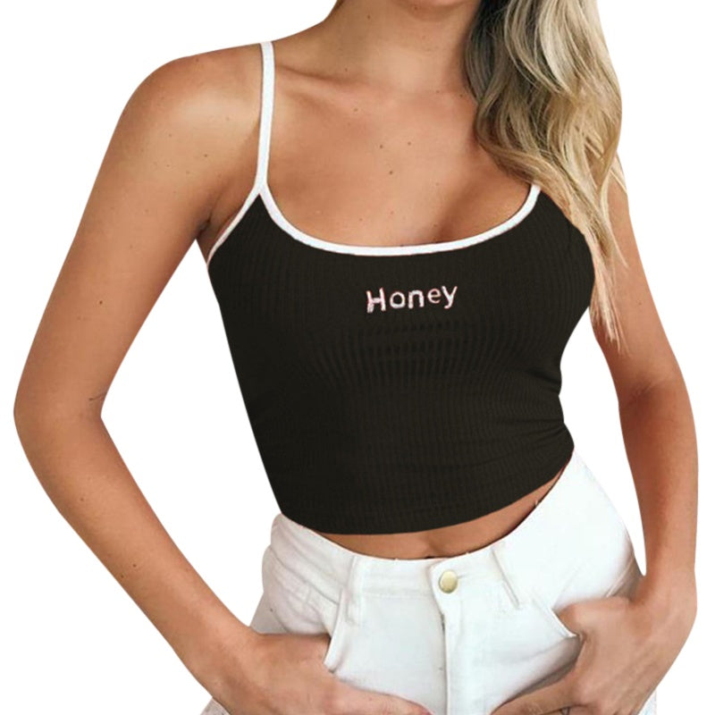 Letter embroidered close-fitting navel vest