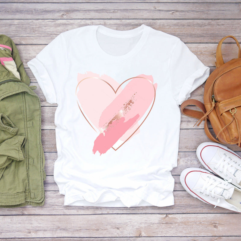 Watercolor Love Fashion Print Short-sleeved T-shirt Women's Trend