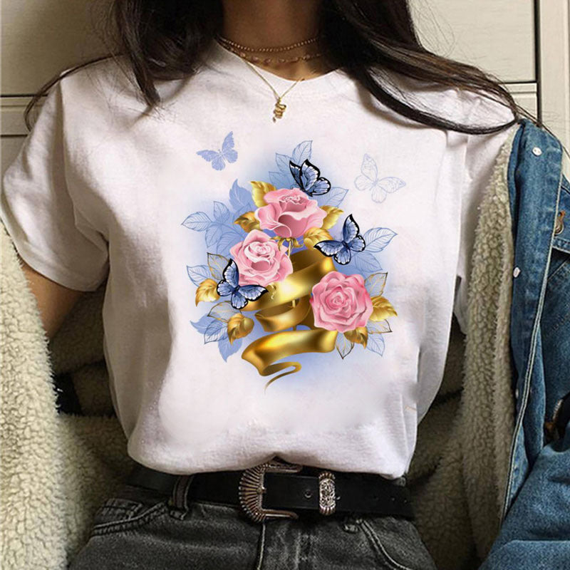 Butterfly Flower Ice Cream Print Short Sleeve
