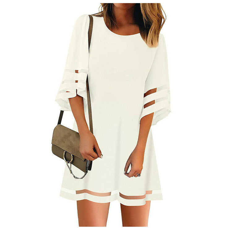 Gauze stitching loose flare sleeve A-line skirt