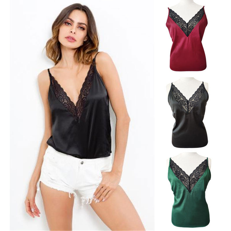 New V-neck Sleeveless Lace Stitching Artificial Silk Women's Vest