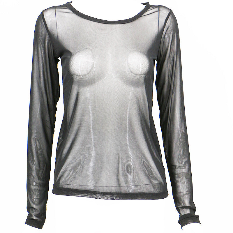 Black transparent mesh bottoming shirt