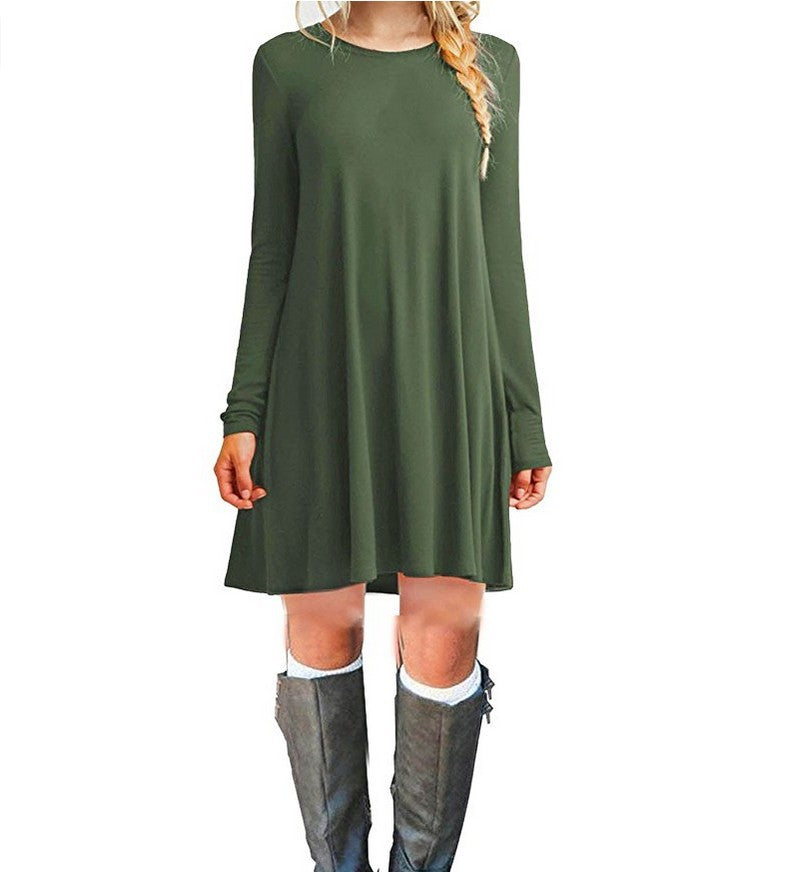 Solid color long-sleeved loose slim dress