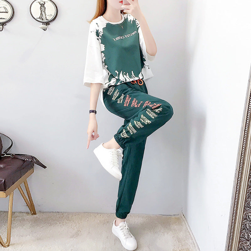 Sports And Leisure Women's Loose Trousers Summer Short-sleeved Student Two-piece Suit
