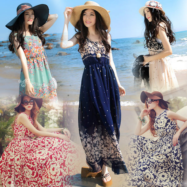 Sling sweet floral chiffon dress