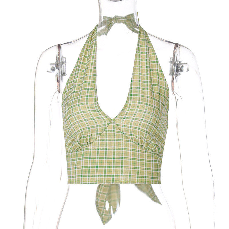 Lace-up V-neck Camisole Straight-leg Checked Trouser Suit