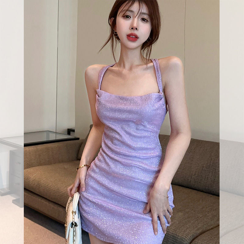 Summer Tight Waist Sheath Shiny Backless Lace Up Suspender Skirt For Women