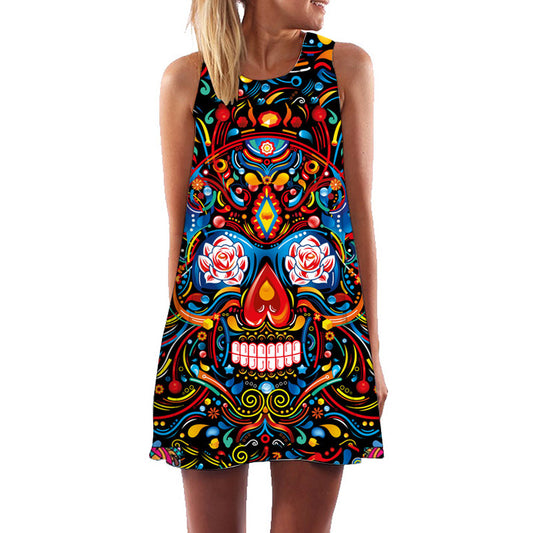Retro digital print round neck dress