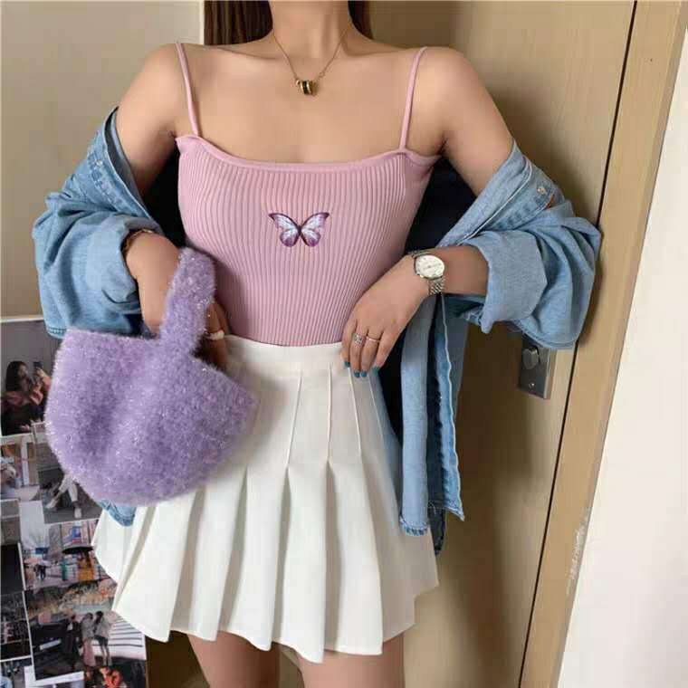 Knitted Sling Vest Women's Outer Wear Bottoming Shirt Short Butterfly Print Top