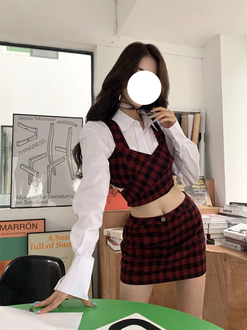 White Shirt Strap Vest Plaid Skirt Set Of Three